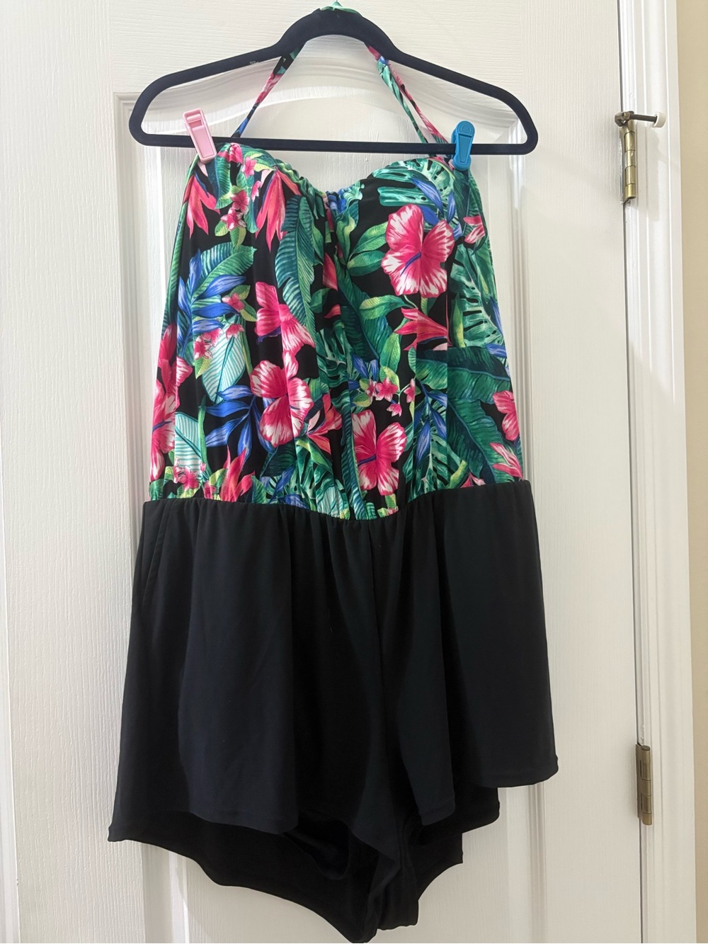 Tropical Floral Halter Skirted One-Piece Swimsuit - Black & Pink